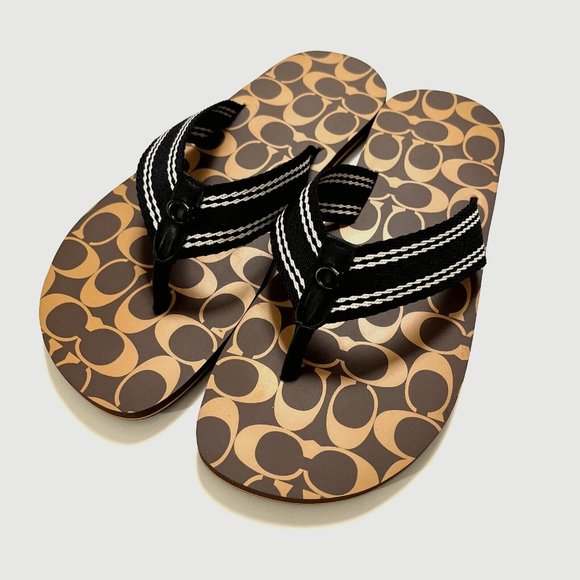 NWOB COACH Men Signature Flip Flop Sandals Brown C8896 Flats Rubber Pool - Picture 1 of 7